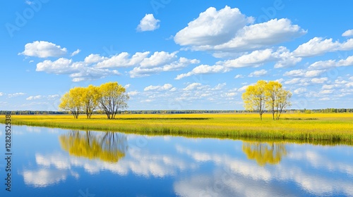Two Yellow Trees Reflecting in Calm Water Under Blue Sky
