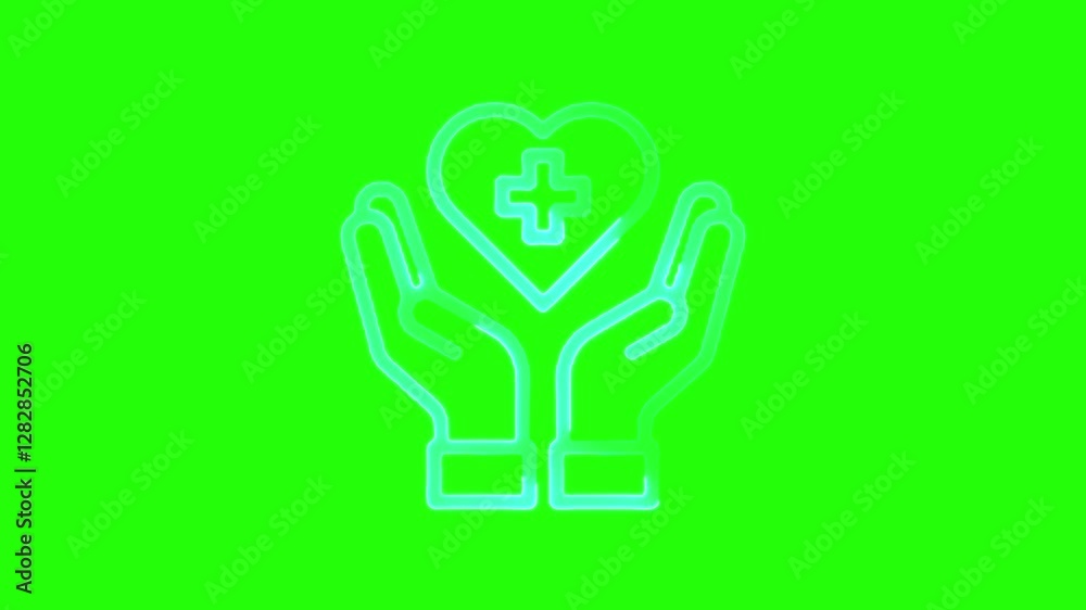 Glowing neon Heart care with hends inside 4K Video on green background. Glowing neon Heart care with hends inside 4K Video on green background.