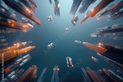futuristic scene of glowing virtual port with cranes and containers floating in digital matrix