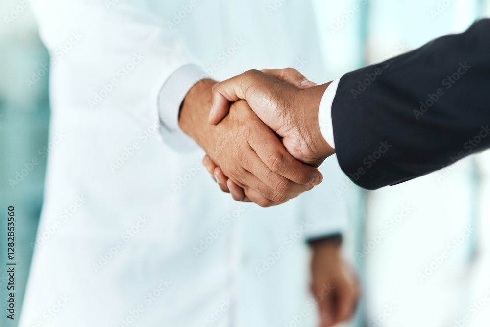 Business people, handshake and doctor with investor for medical campaign, partnership or funding research at clinic. Closeup, b2b or colleagues shaking hands with agreement for deal at hospital Business people, handshake and doctor with investor for medical campaign, partnership or funding research at clinic. Closeup, b2b or colleagues shaking hands with agreement for deal at hospital