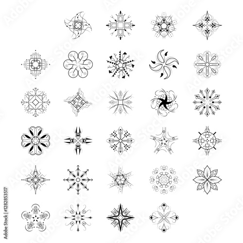 Set Black Colleciton Line Snowflake Doodle Winter Decoration Elements Vector Design Style