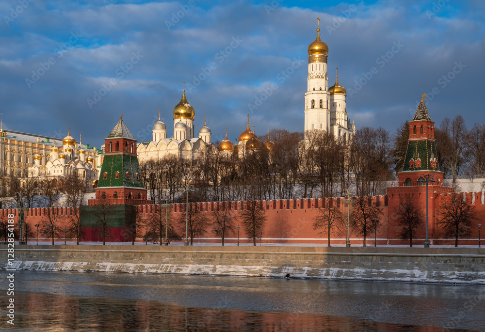 View of the architectural ensemble of the Kremlin Cathedral Square from the Moskva River embankment, Moscow, Russia View of the architectural ensemble of the Kremlin Cathedral Square from the Moskva River embankment, Moscow, Russia