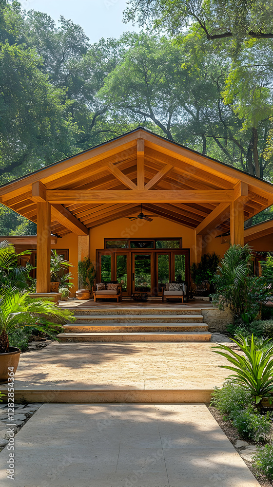 Exterior View of a Tropical Home with Lush Greenery and a Stone Pathway Leading Up to the Wooden Entrance in Warm Sunlight Exterior View of a Tropical Home with Lush Greenery and a Stone Pathway Leading Up to the Wooden Entrance in Warm Sunlight