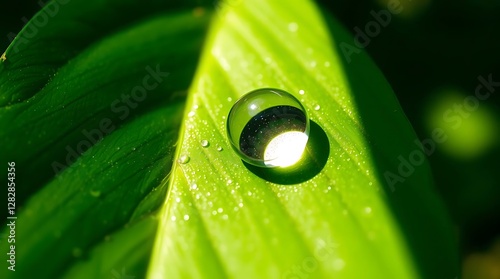 Photo Depicting Simple Nature Elements A Close-Up Shot Of A Dewdrop On A Leaf, Sunlight Illuminating Its Surface, Showcasing Intricate Details. Focus On Nat.