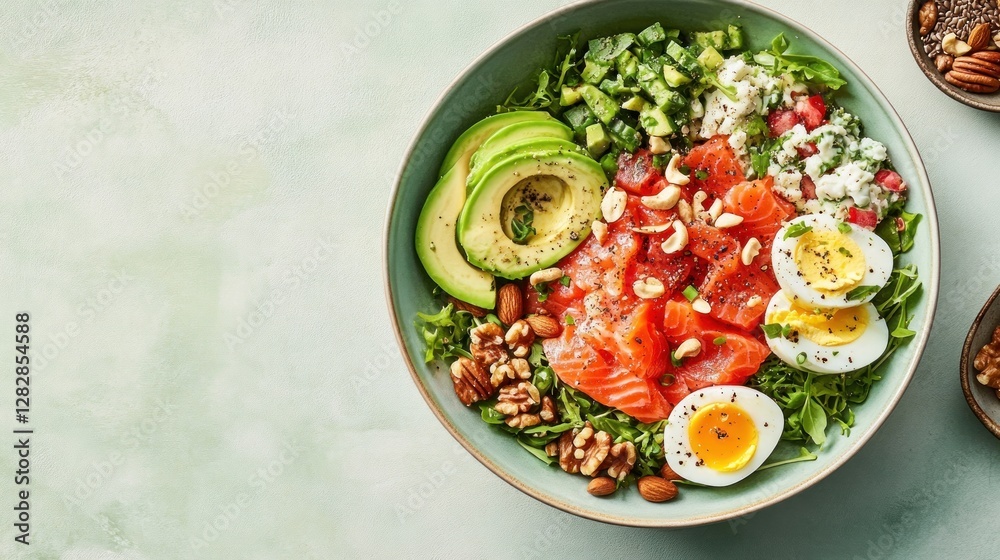 A vibrant salad bowl featuring salmon, avocado, eggs, and various toppings for a healthy meal. A vibrant salad bowl featuring salmon, avocado, eggs, and various toppings for a healthy meal.