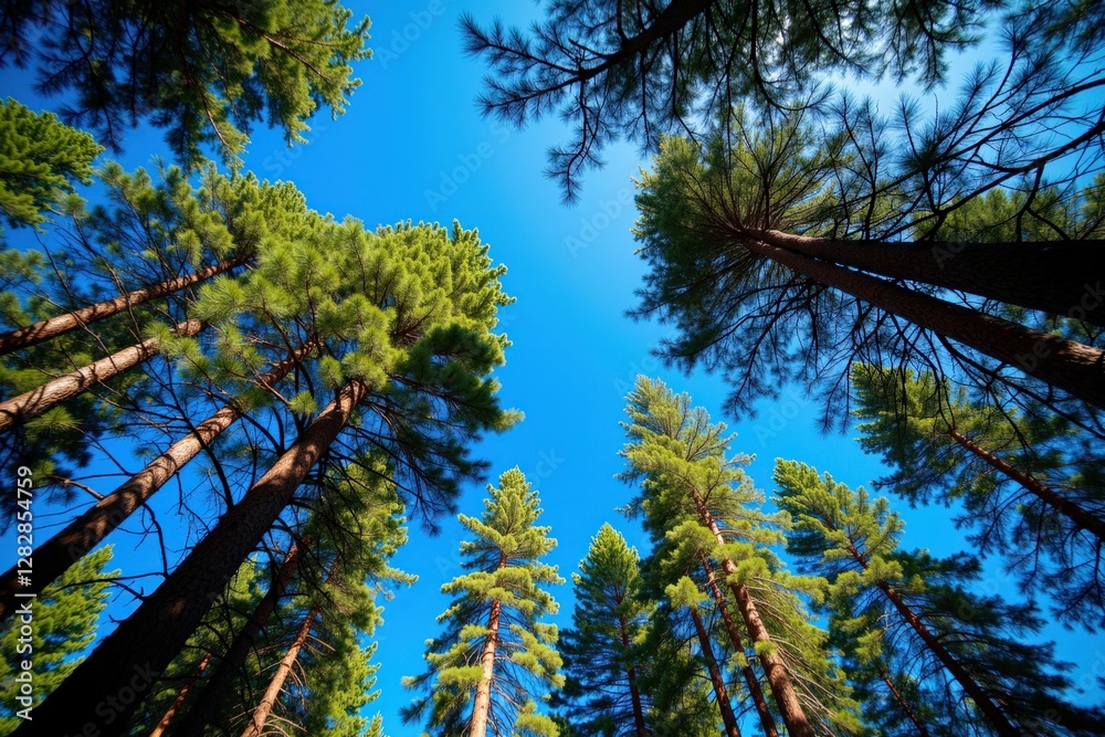 Majestic Pine Forest Reaching Toward a Clear Blue Sky: A Serene Perspective of Nature's Canopy in a Tranquil Wilderness Setting Majestic Pine Forest Reaching Toward a Clear Blue Sky: A Serene Perspective of Nature's Canopy in a Tranquil Wilderness Setting