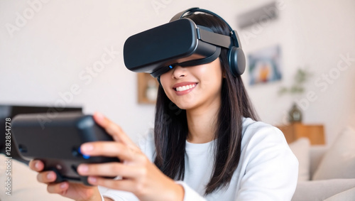 Student using Virtual Reality Technology and User Interaction in a Futuristic Setting