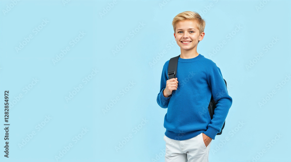 Happy smiling boy studen holding backpack looking aside at copy space wearing blue sweater looking at camera standing isolated onlight blue background Happy smiling boy studen holding backpack looking aside at copy space wearing blue sweater looking at camera standing isolated onlight blue background