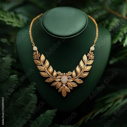 Golden Necklace with Exquisite Detailing Displayed Against Greenery generative ai
