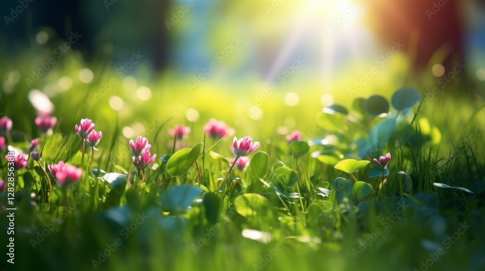 A field of pink flowers with green grass A field of pink flowers with green grass