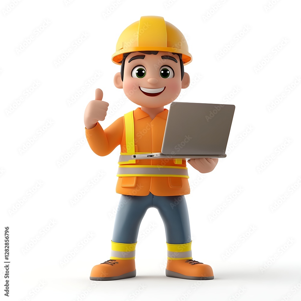 Engineer's Digital Thumb Up: a cheerful illustration of an engineer, helmeted and vested, holding a laptop while giving a thumbs-up, symbolizing progress and innovation. Engineer's Digital Thumb Up: a cheerful illustration of an engineer, helmeted and vested, holding a laptop while giving a thumbs-up, symbolizing progress and innovation.