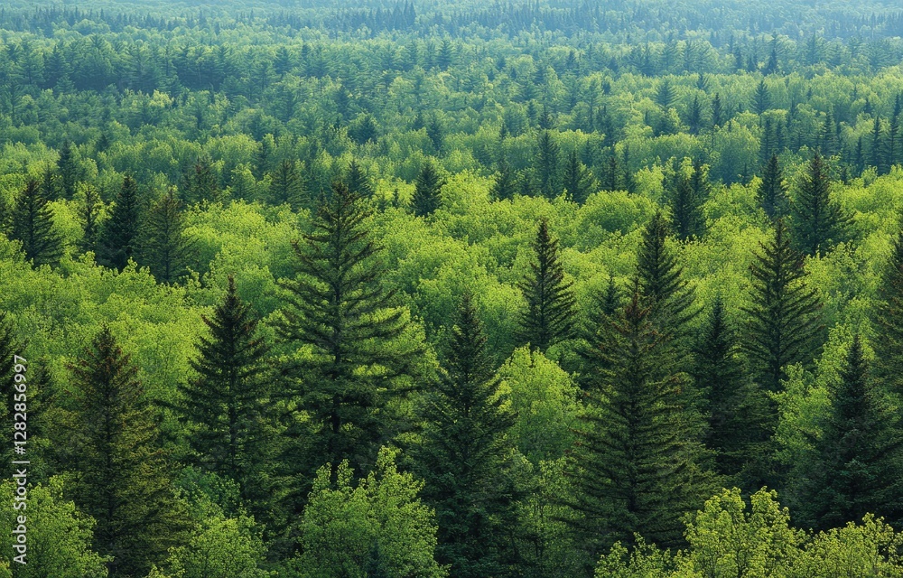 Aerial view of lush green forest, summer landscape, distant hills Aerial view of lush green forest, summer landscape, distant hills