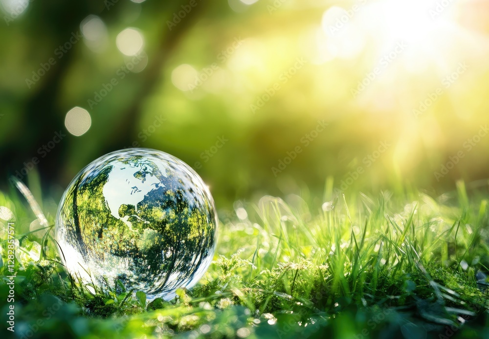 Glass globe reflecting nature, sunny park, eco concept Glass globe reflecting nature, sunny park, eco concept
