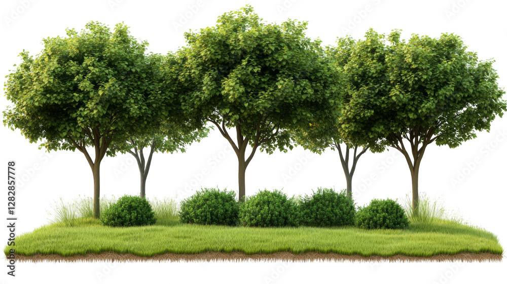 Fototapeta premium Vibrant green trees lush garden nature scene outdoor environment transparent background png format