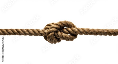 a thick brown rope with a knot on one end. Ideal for nautical, DIY, and adventure-themed projects. photo