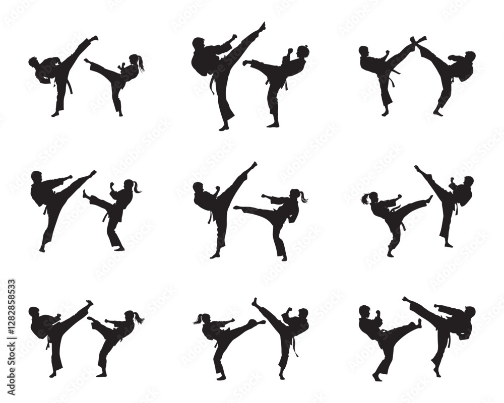 Powerful Martial Arts Kick. Silhouettes of karate kicks vector on white background Powerful Martial Arts Kick. Silhouettes of karate kicks vector on white background