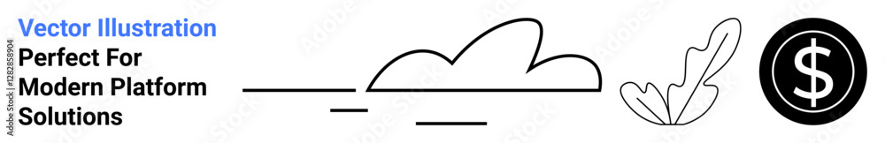 Obraz premium Black cloud, leaf, and dollar sign in minimal style with clean lines focus on technology, finance, and nature. Ideal for business, startups, finance, eco-conscious tech sustainability branding