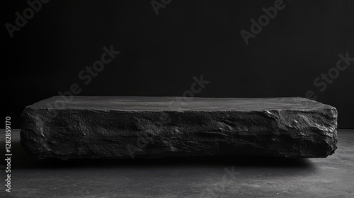 A dark, rough surface, coated in a grainy, black powder, hinting at an industrial past or a rustic aesthetic, rests against a stark, plain dark background, creating a dramatic and minimalist photo