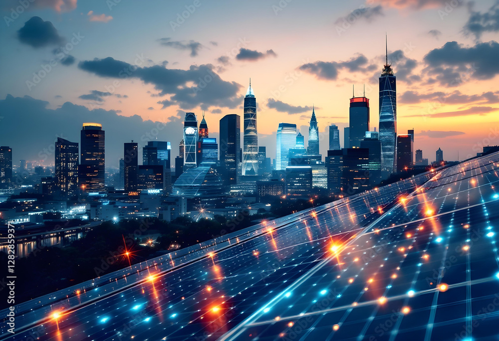 Fototapeta premium City skyline at night, reflective solar panels, sustainable energy focus, advanced urban design