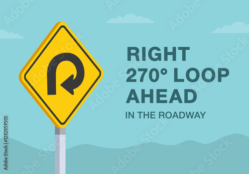 Safe driving tips and traffic regulation rules. Close-up of United States "270 degree loop ahead" sign meaning. Right loop ahead in the roadway. Flat vector illustration template.