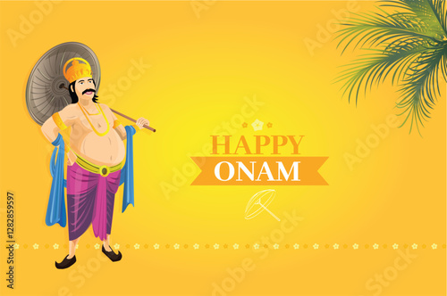 Onam Greetings Concept!  Mahabali mascot cartoon, Kerala’s official festival with holidays from Uthradom. A grand harvest celebration enjoyed by Malayalis worldwide with joy, Indian Festivals 