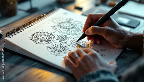 Person carefully drawing detailed patterns in a spiral notebook with black marker Creating art for creative projects or inspiration.