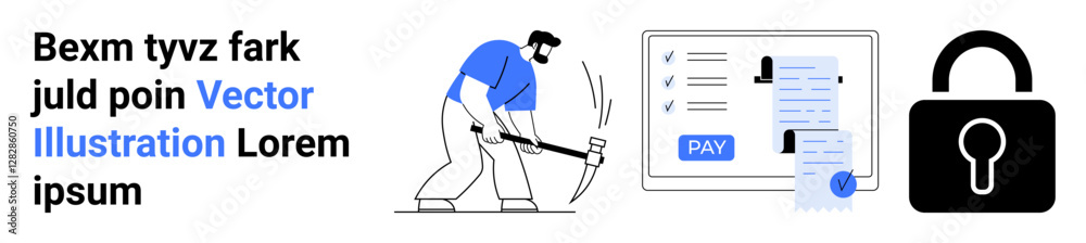 Worker using a pickaxe mining digital data, payment UI with lists and pay button, large secure lock icon. Ideal for cybersecurity, hacking, data analysis, online payments, fraud prevention, software Worker using a pickaxe mining digital data, payment UI with lists and pay button, large secure lock icon. Ideal for cybersecurity, hacking, data analysis, online payments, fraud prevention, software