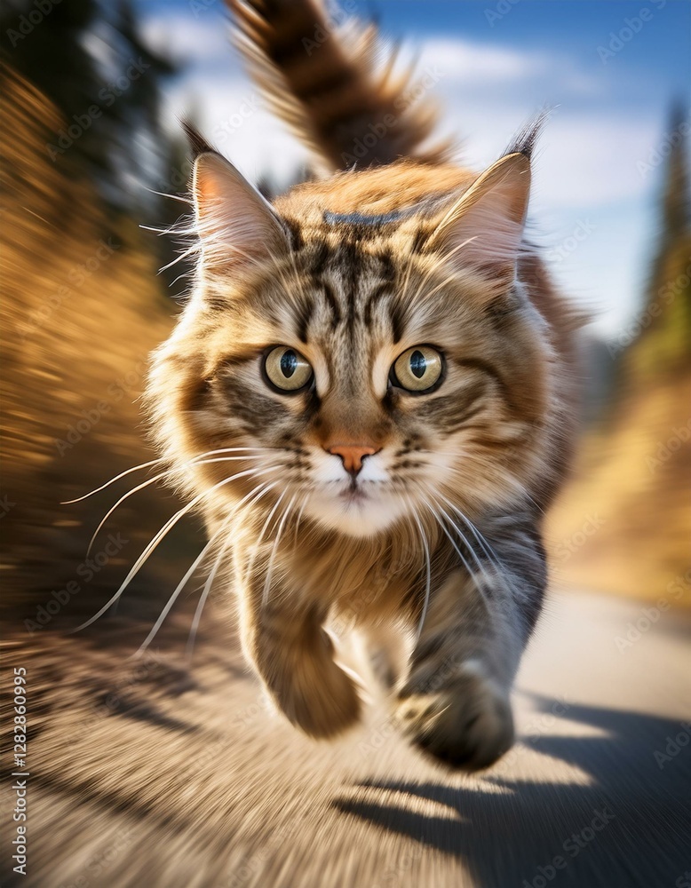 Obraz premium 背景に動きのあるぼかし効果を用いて、疾走感あふれる猫の瞬間を捉えたシーン