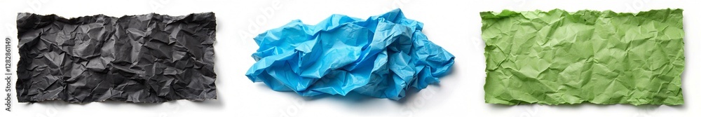 Three different colored pieces of paper with a blue one in the middle. The blue paper is crumpled and torn Three different colored pieces of paper with a blue one in the middle. The blue paper is crumpled and torn