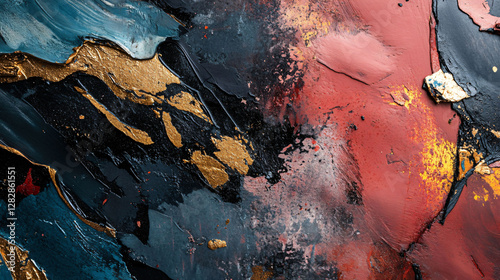 A mixed media painting with colors of gold blue and red