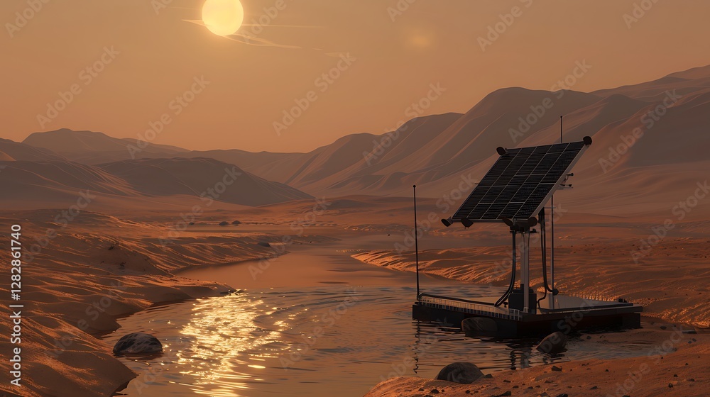 Solar Panel Installation by Water Source in Desert Landscape at Sunset Solar Panel Installation by Water Source in Desert Landscape at Sunset