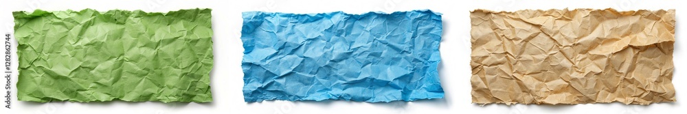 Three pieces of paper with different colors and textures. The paper is crumpled and torn, giving it a worn and aged appearance. The colors of the paper are green, blue, and brown Three pieces of paper with different colors and textures. The paper is crumpled and torn, giving it a worn and aged appearance. The colors of the paper are green, blue, and brown