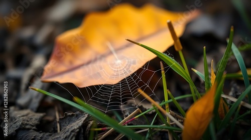 Photo Featuring Simple Nature Elements Like A Fallen Leaf, A Spiderweb, And A Single Blade Of Grass, With A Focus On Intricate Details And Textures, Utilizi. photo