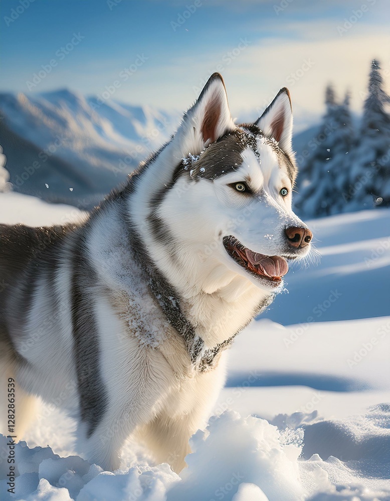 Fototapeta premium 真っ白な雪景色の中、嬉しそうに雪と戯れるハスキーの躍動感ある姿