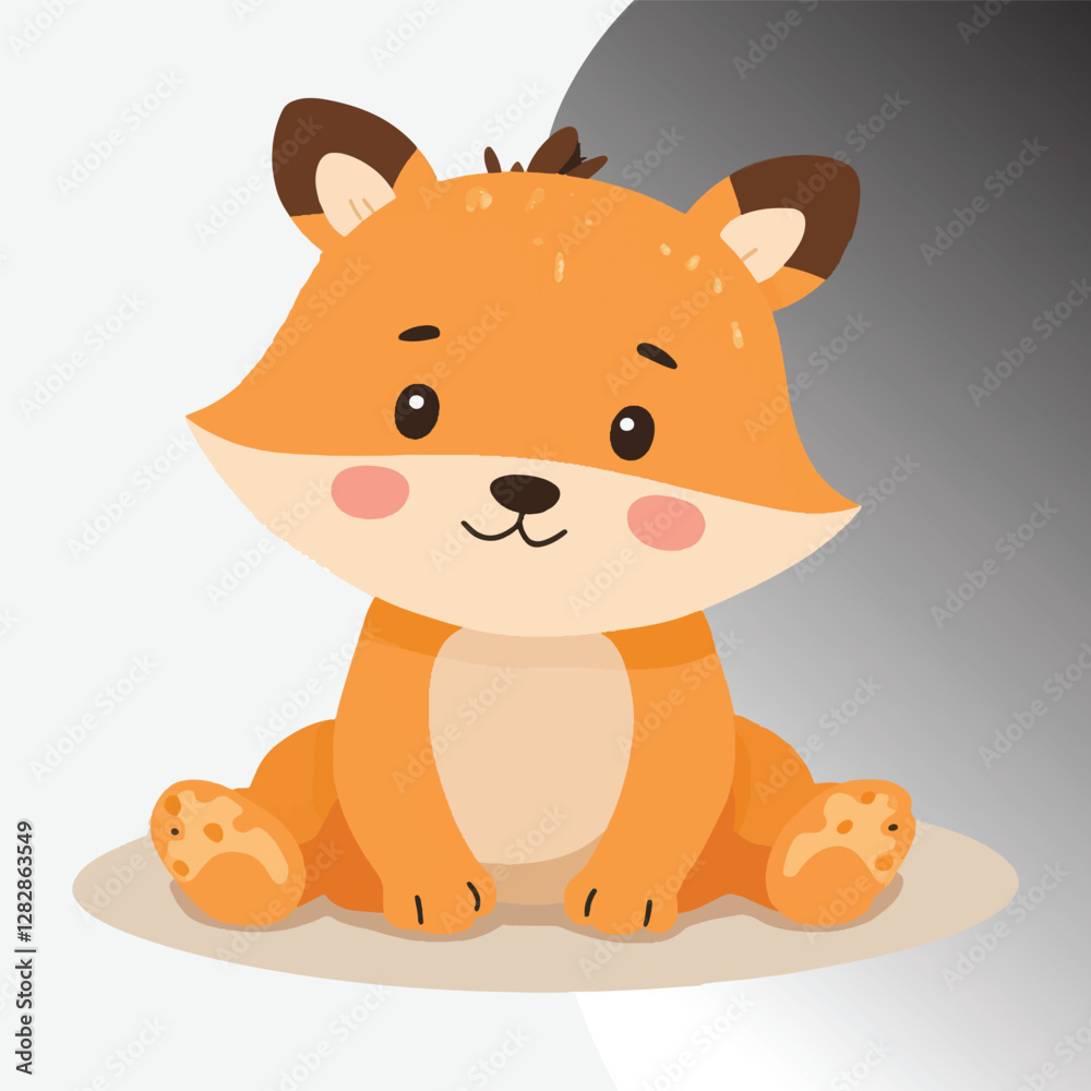 Fototapeta premium Ute cartoon fox, smiling face, closed eyes, big ears, orange fur, stylized texture, simple background, minimalist design, children's illustration,