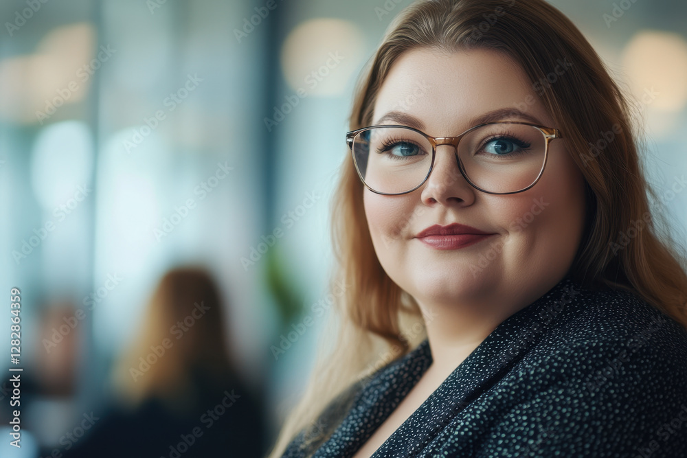 Confident plus size businesswoman in a modern office setting, exuding professionalism and success Confident plus size businesswoman in a modern office setting, exuding professionalism and success
