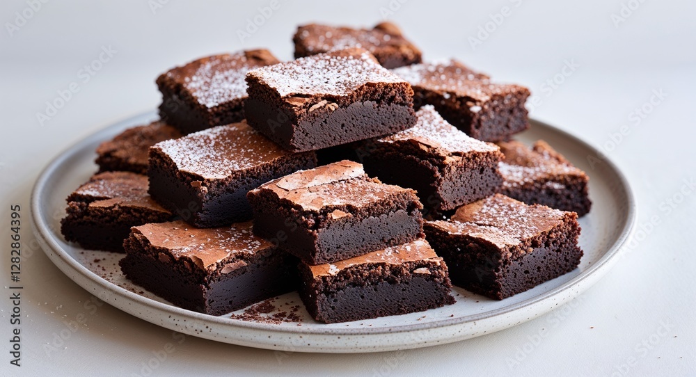 bunch of thick chocolate brownies dusted lightly on a plate on plain white background bunch of thick chocolate brownies dusted lightly on a plate on plain white background