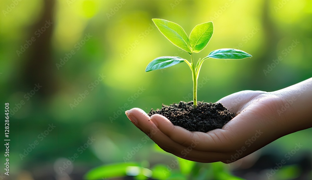 Hands holding sapling, soil, forest backdrop, growth Hands holding sapling, soil, forest backdrop, growth