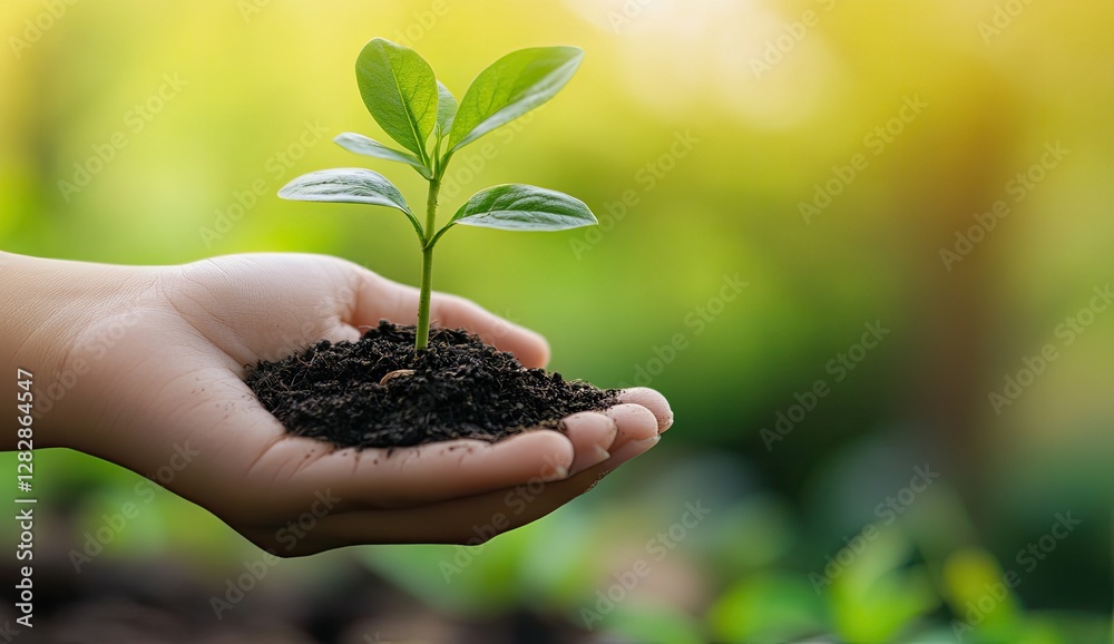 Child's hand holding sapling, soil, garden, sunrise Child's hand holding sapling, soil, garden, sunrise