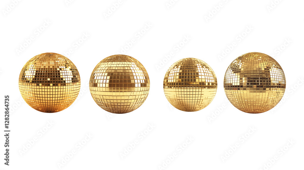Golden disco ball hanging on white background.
