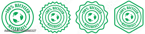 100 percent recycled materials badge collection on white background. Eco badge icon for recycled material. Simple eco-friendly leaf symbol stamp. Circular recycled stamp with leaves. Vector icons