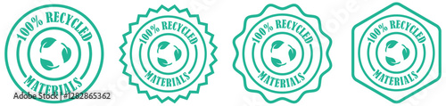 100 percent recycled materials circular badge collection on white background. Eco badge icon for recycled material. Simple eco-friendly leaf symbol stamp. Circular recycled stamp with leaves