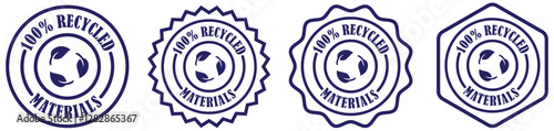 100% recycled materials rubber stamp collection on white background. Eco badge icon for recycled material. Simple eco-friendly leaf symbol stamp. Circular recycled stamp with leaves. Vector icons