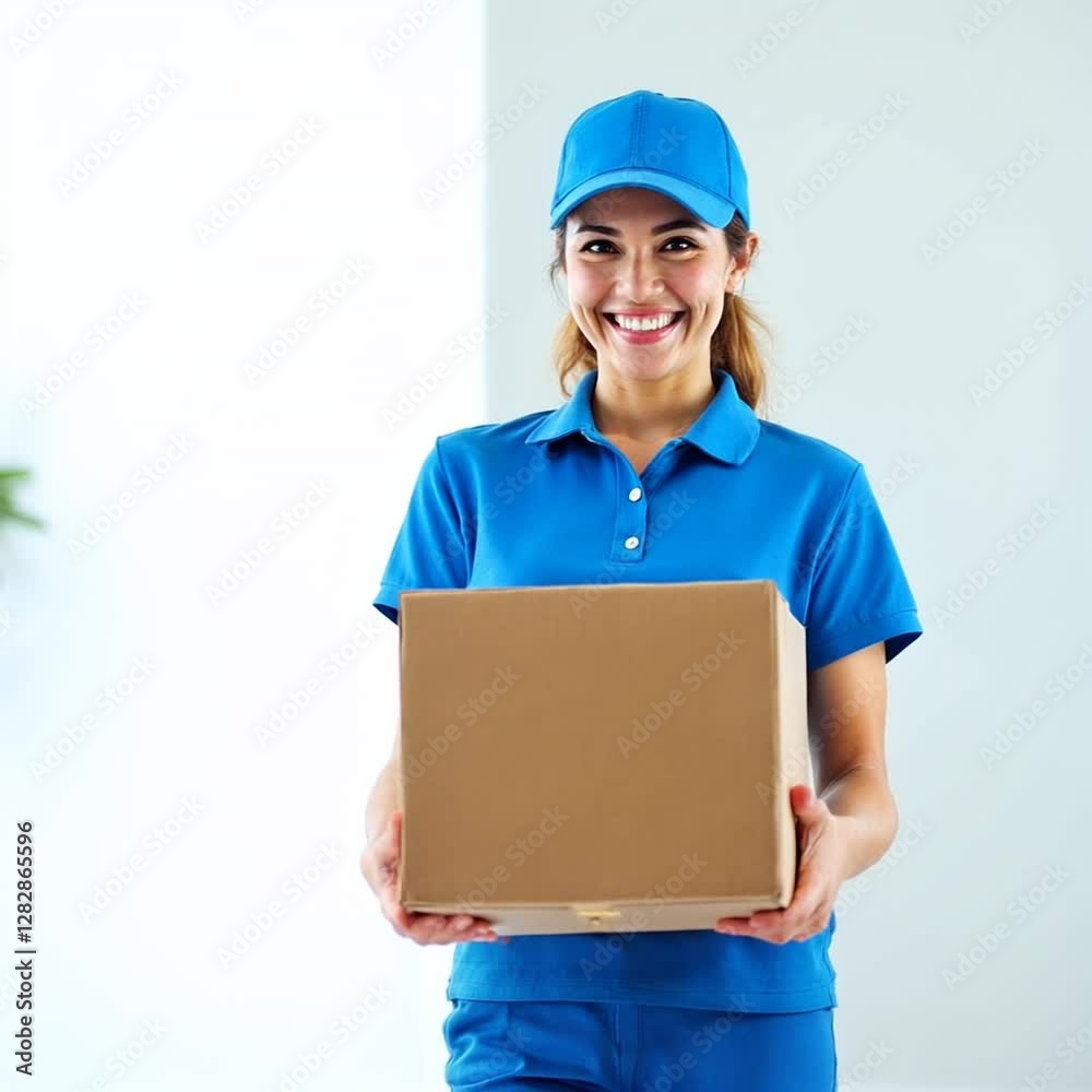 A cheerful delivery woman dressed in a vibrant blue uniform, including a cap and polo shirt, walks happily while carrying a neatly packed cardboard box. A cheerful delivery woman dressed in a vibrant blue uniform, including a cap and polo shirt, walks happily while carrying a neatly packed cardboard box.