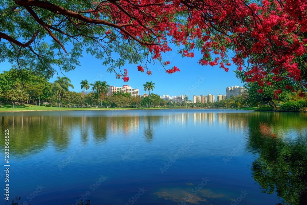 Tranquil lake park cityscape reflection spring Tranquil lake park cityscape reflection spring