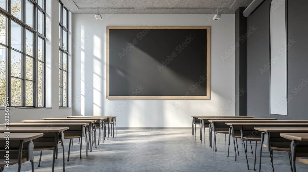 Minimalistic classroom featuring a blank blackboard on the wall, soft light enhancing the clean and modern look Minimalistic classroom featuring a blank blackboard on the wall, soft light enhancing the clean and modern look