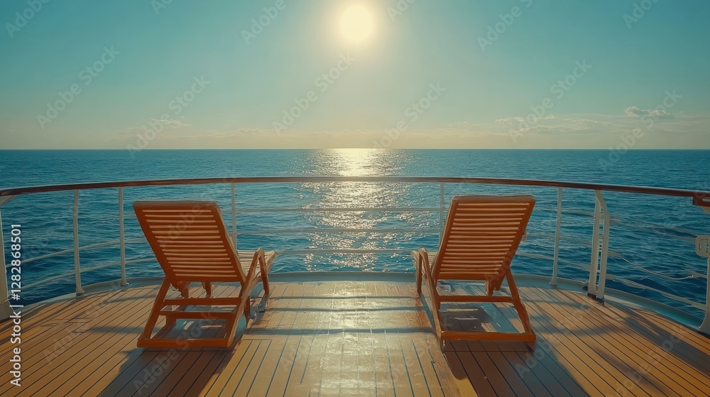 Sun-drenched cruise deck chairs facing open ocean Sun-drenched cruise deck chairs facing open ocean