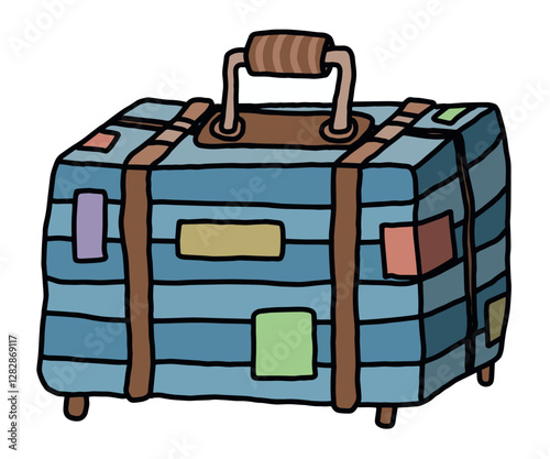 luggage, large blue striped bag there is a tulled bag on it there are other color motifs decorating to make it look beautiful, hand drawn vector
