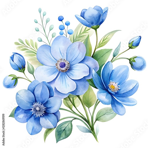 Elegant Blue Floral Watercolor Bouquet Illustration