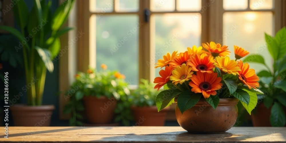 Fototapeta premium Vibrant orange and yellow gerbera daisies in a rustic brown pot, bathed in the warm glow of sunlight streaming through a window, creating a peaceful and serene atmosphere in a home setting.